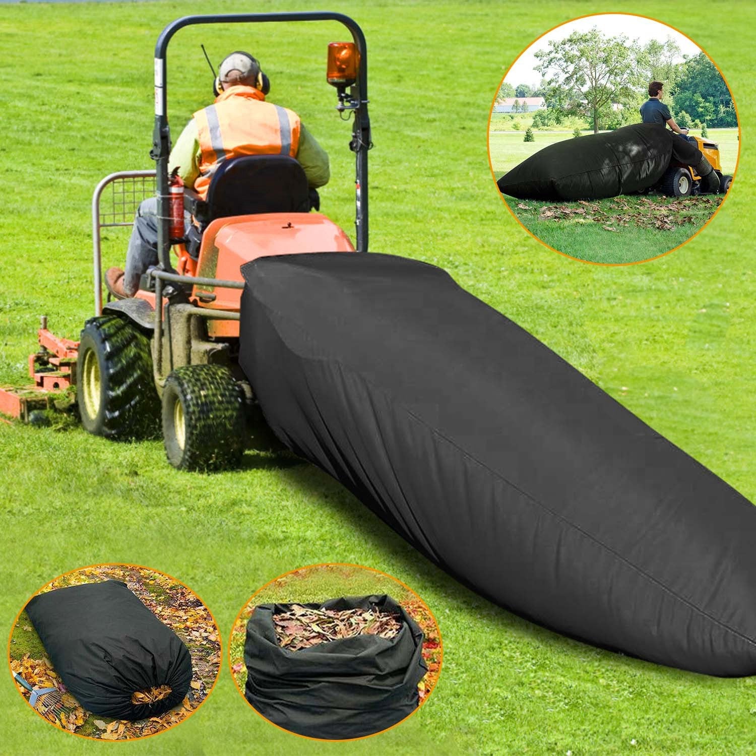 A large black Lawn Tractor Leaf Bag with a 54 cubic feet capacity, made from durable Oxford cloth, designed for efficient garden waste collection.