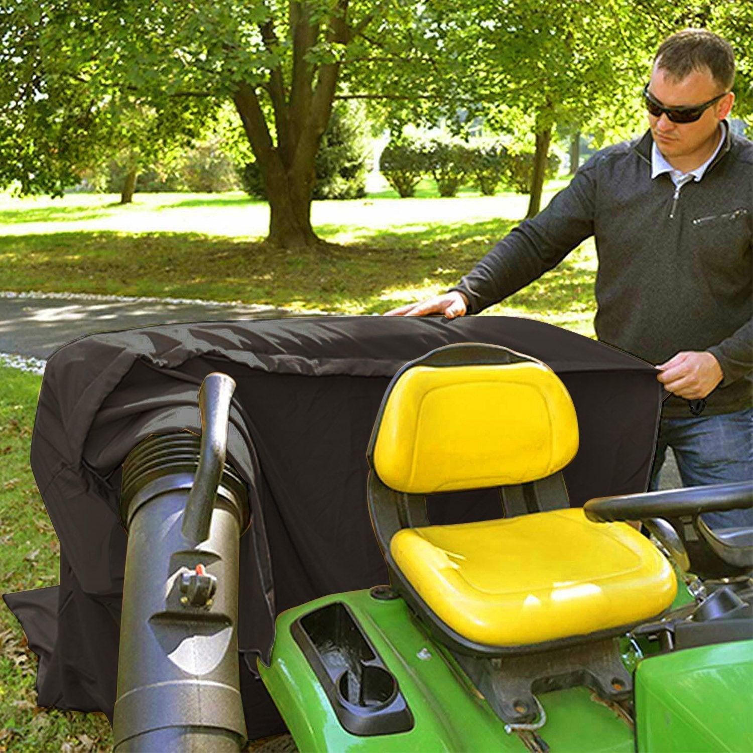 A large black Lawn Tractor Leaf Bag with a 54 cubic feet capacity, made from durable Oxford cloth, designed for efficient garden waste collection.