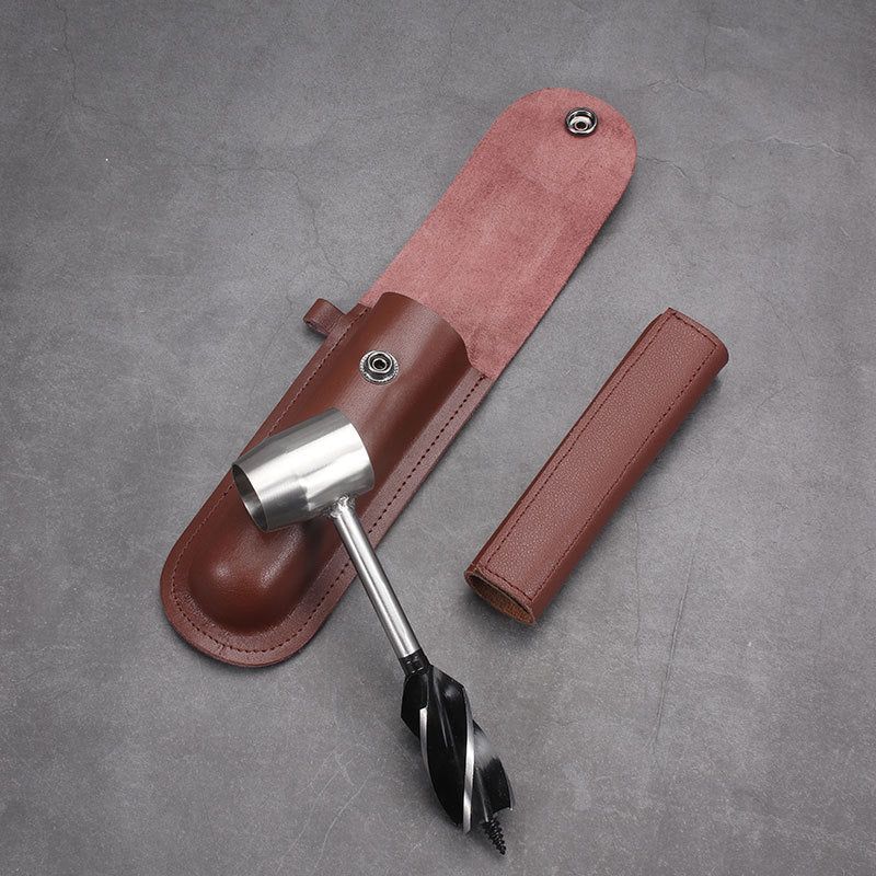 Manual Drill Auger Drill Bit with leather case, designed for outdoor survival and crafting projects.