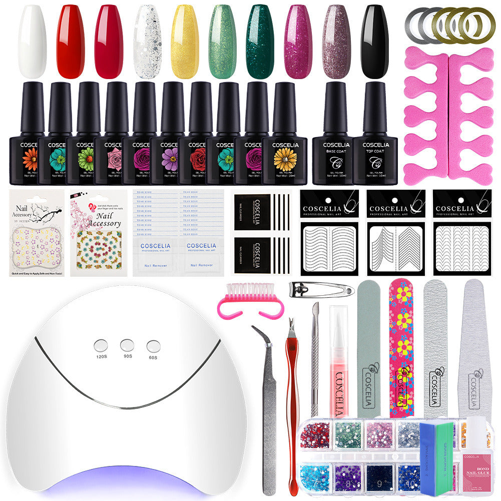 A collection of nail kit tools including vibrant UV gel colors and a USB-powered LED lamp for nail art.