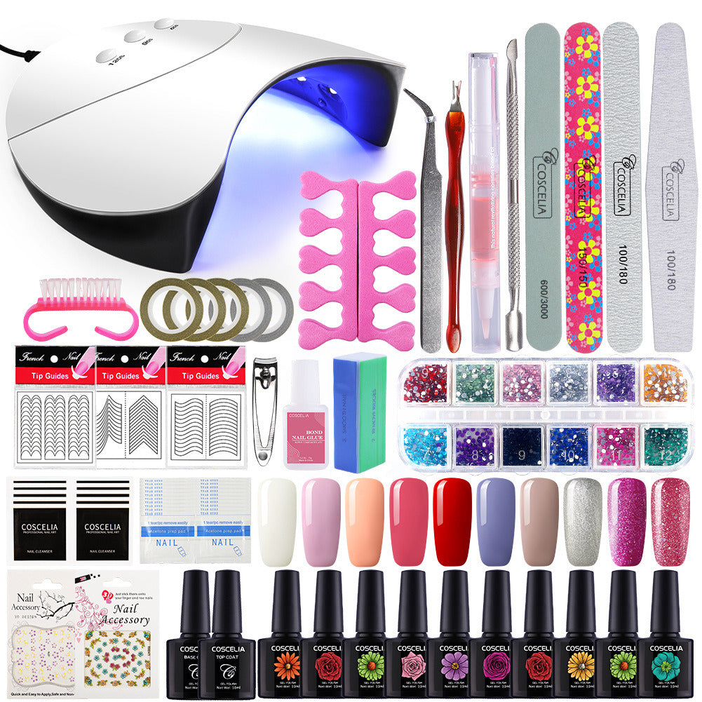 A collection of nail kit tools including vibrant UV gel colors and a USB-powered LED lamp for nail art.