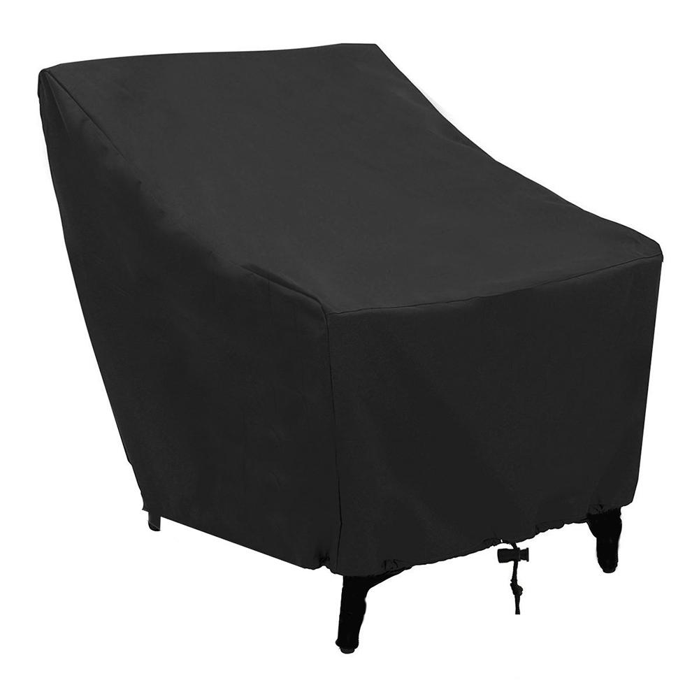 Durable black patio furniture chair cover made from 210D nylon Oxford cloth, designed for outdoor use with waterproof and windproof features.