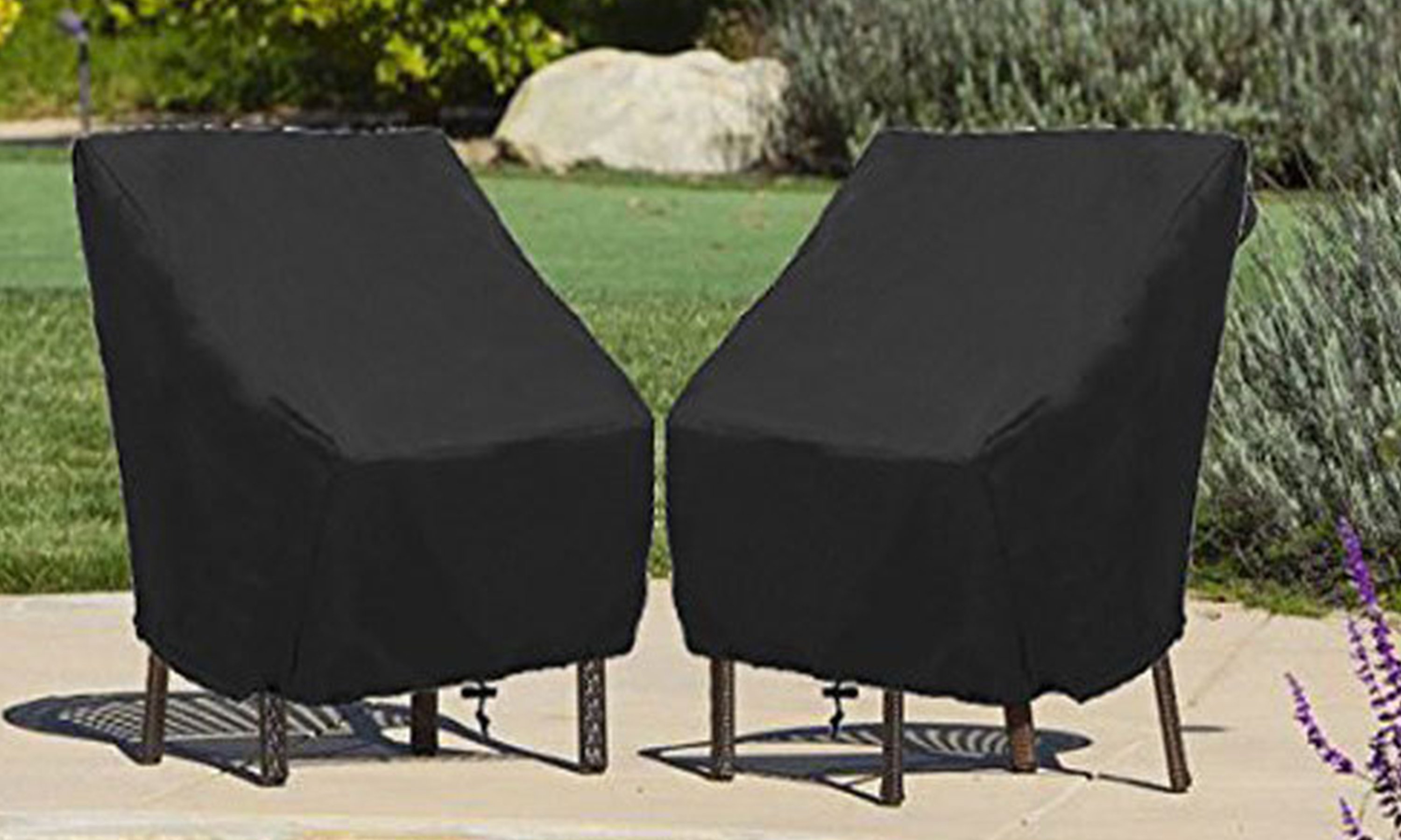 Durable black patio furniture chair cover made from 210D nylon Oxford cloth, designed for outdoor use with waterproof and windproof features.