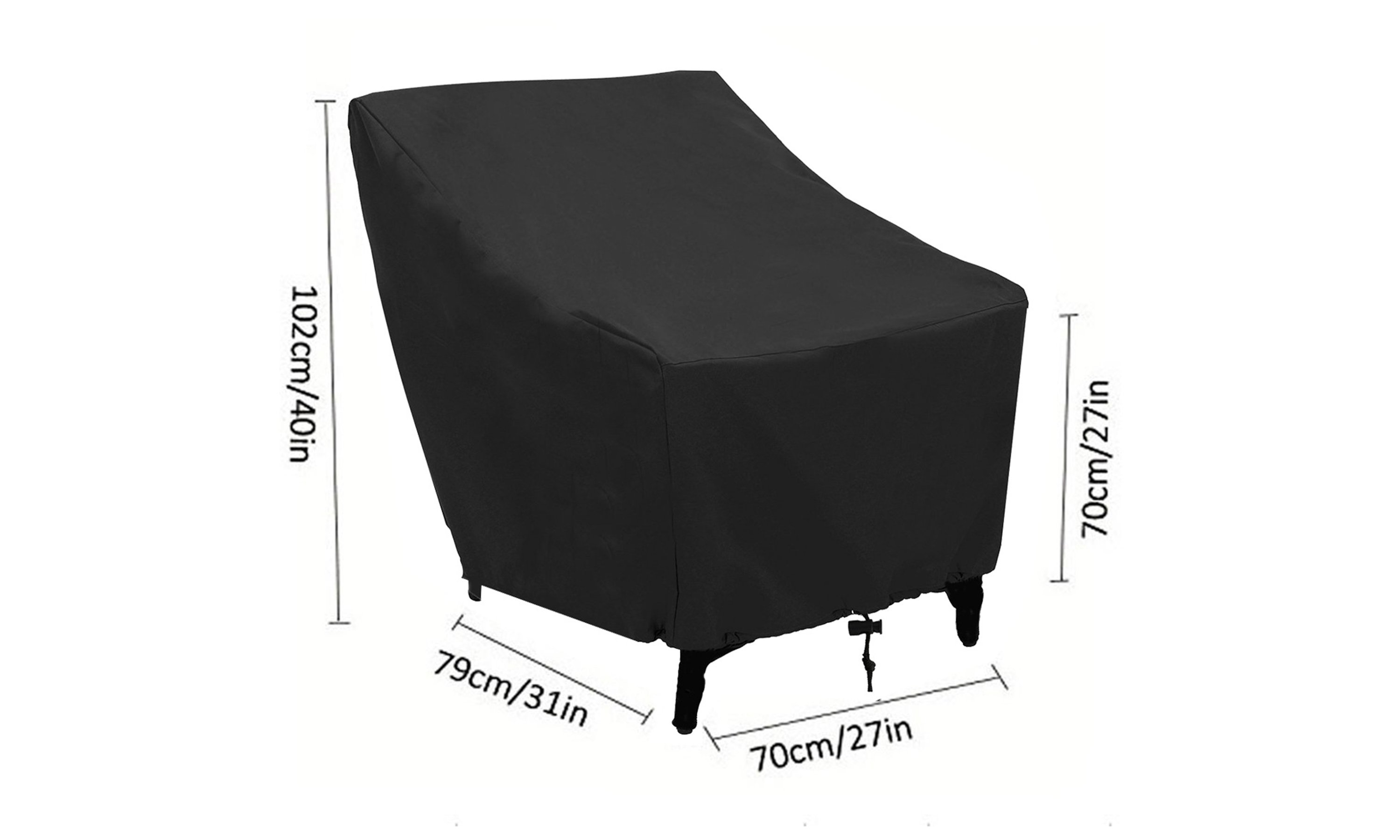 Durable black patio furniture chair cover made from 210D nylon Oxford cloth, designed for outdoor use with waterproof and windproof features.