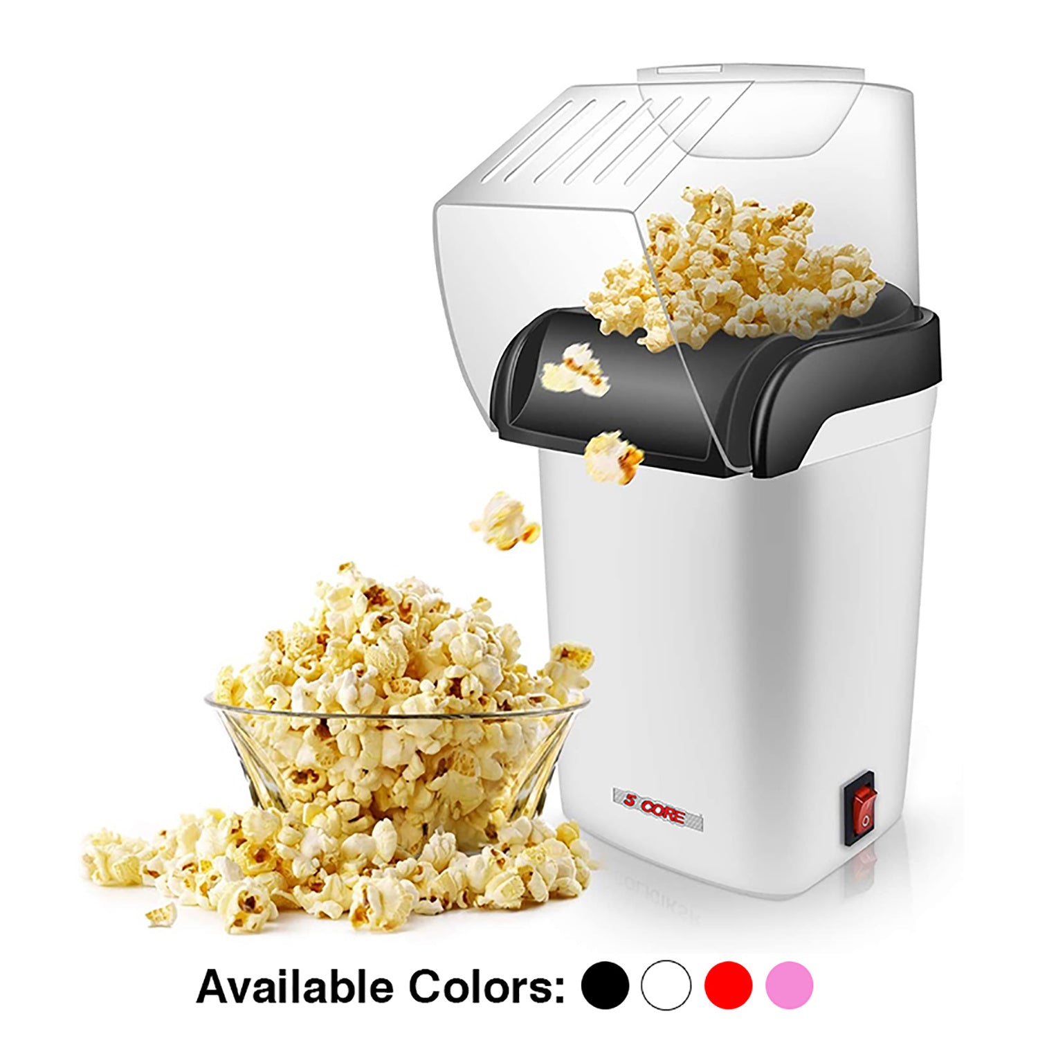 5 Core Hot Air Electric Popcorn Maker in red, showcasing its sleek design and measuring cup that doubles as a butter melting tray.