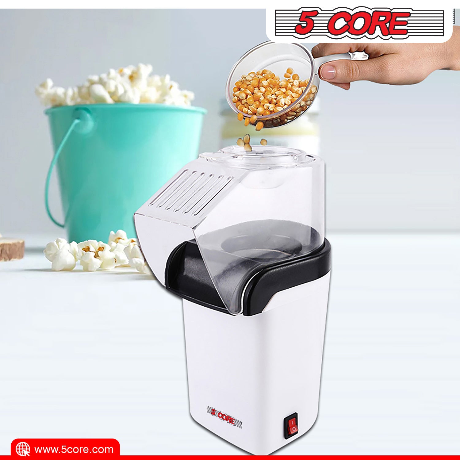 5 Core Hot Air Electric Popcorn Maker in red, showcasing its sleek design and measuring cup that doubles as a butter melting tray.