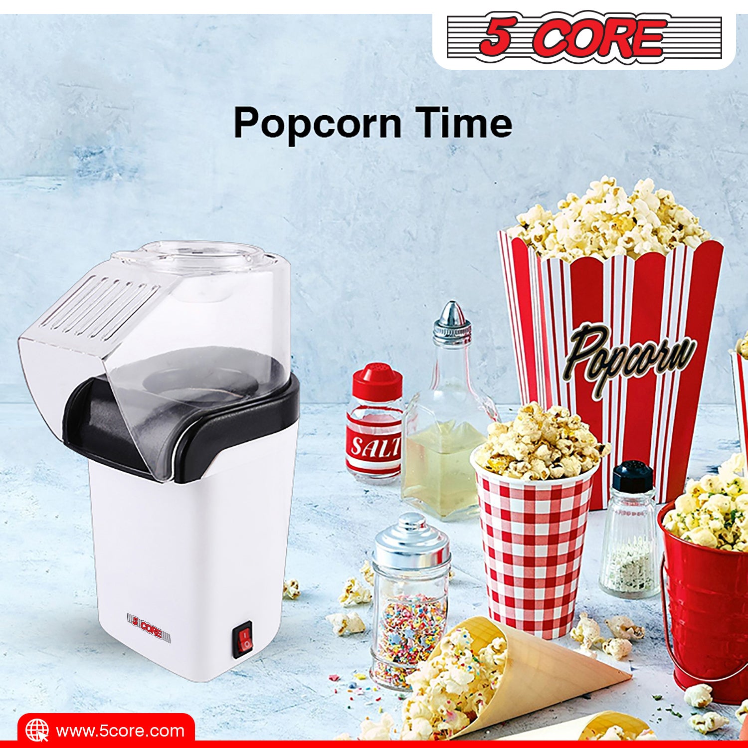 5 Core Hot Air Electric Popcorn Maker in red, showcasing its sleek design and measuring cup that doubles as a butter melting tray.