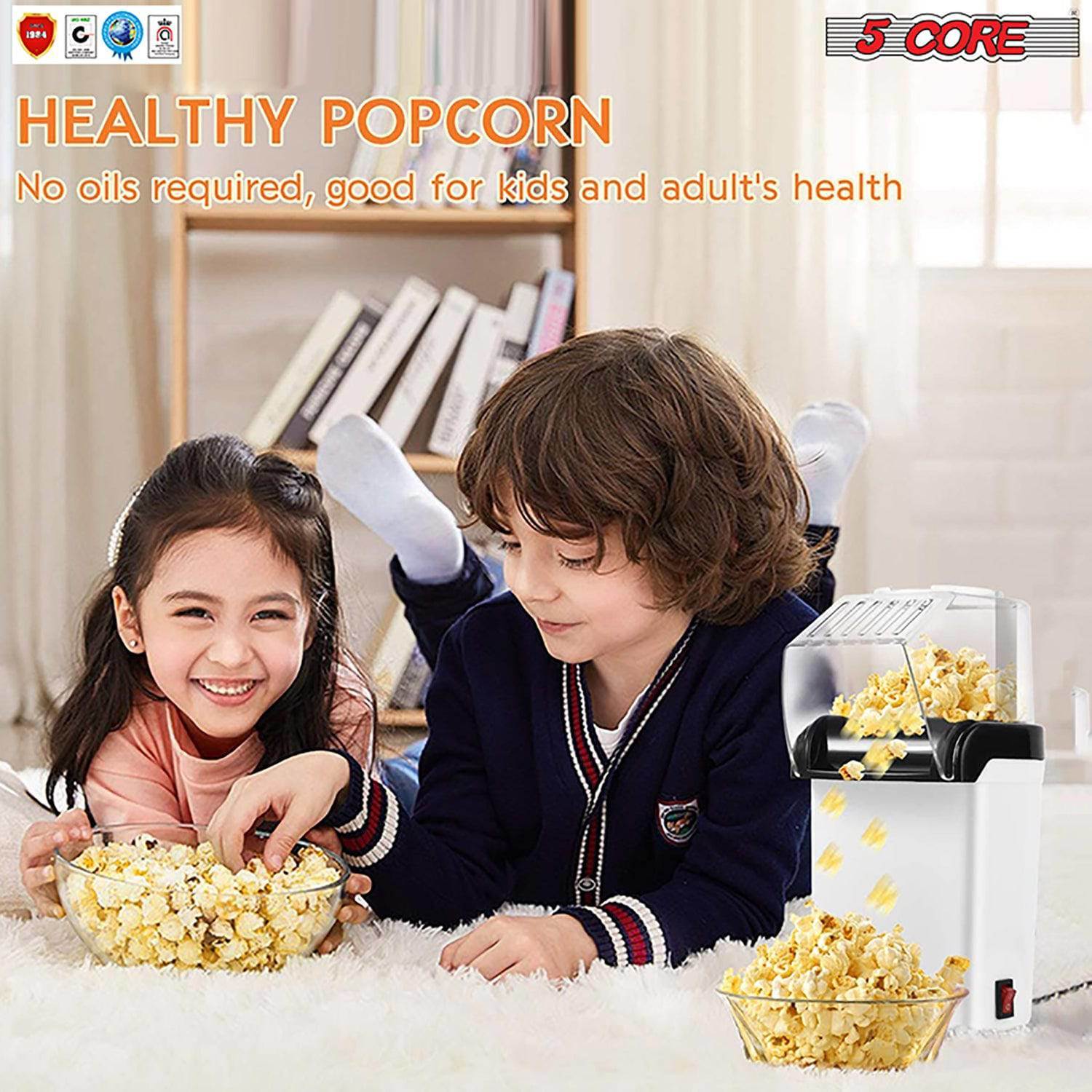 5 Core Hot Air Electric Popcorn Maker in red, showcasing its sleek design and measuring cup that doubles as a butter melting tray.