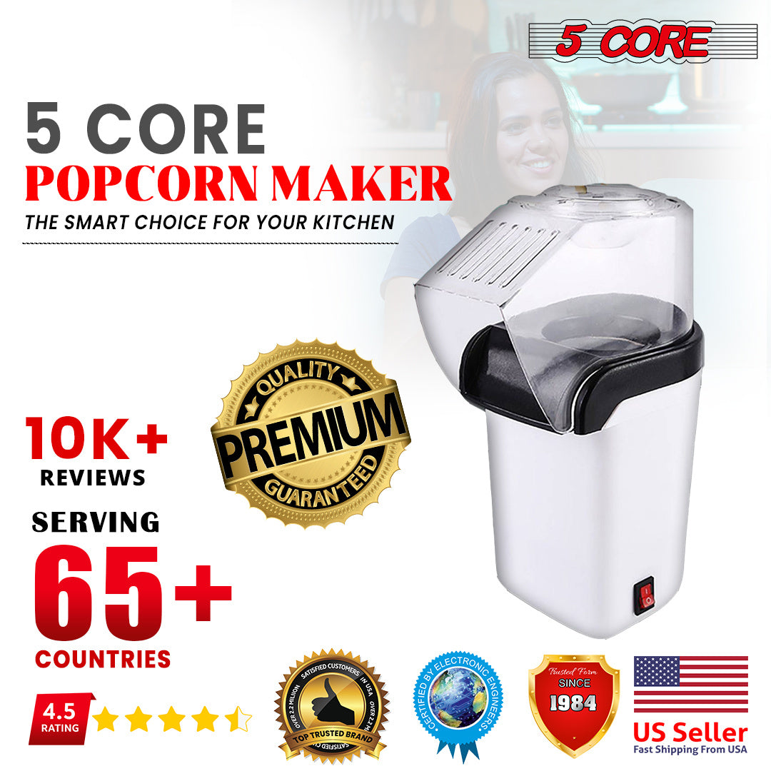 5 Core Hot Air Electric Popcorn Maker in red, showcasing its sleek design and measuring cup that doubles as a butter melting tray.