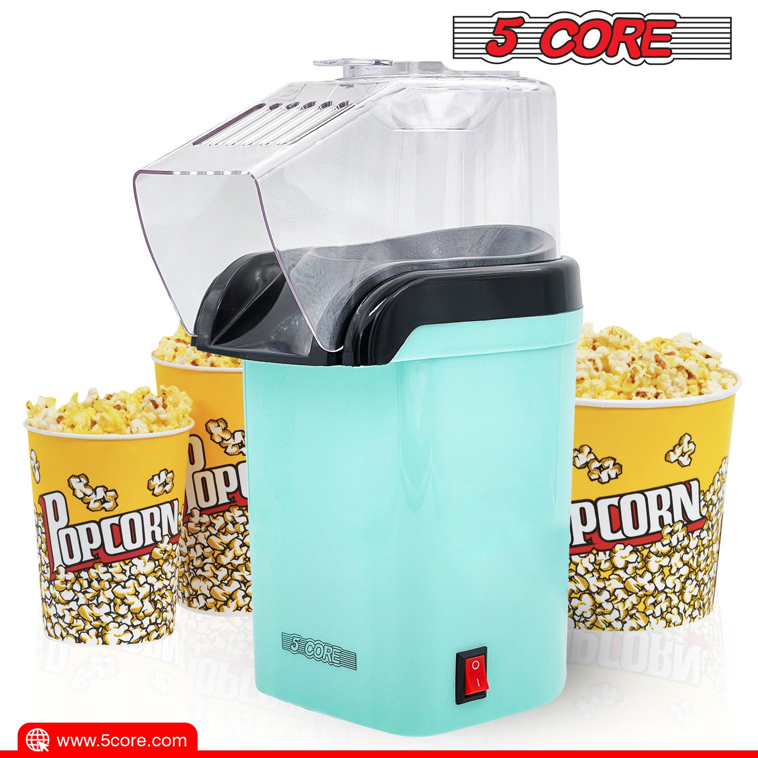 5 Core Hot Air Electric Popcorn Maker in red, showcasing its sleek design and measuring cup that doubles as a butter melting tray.