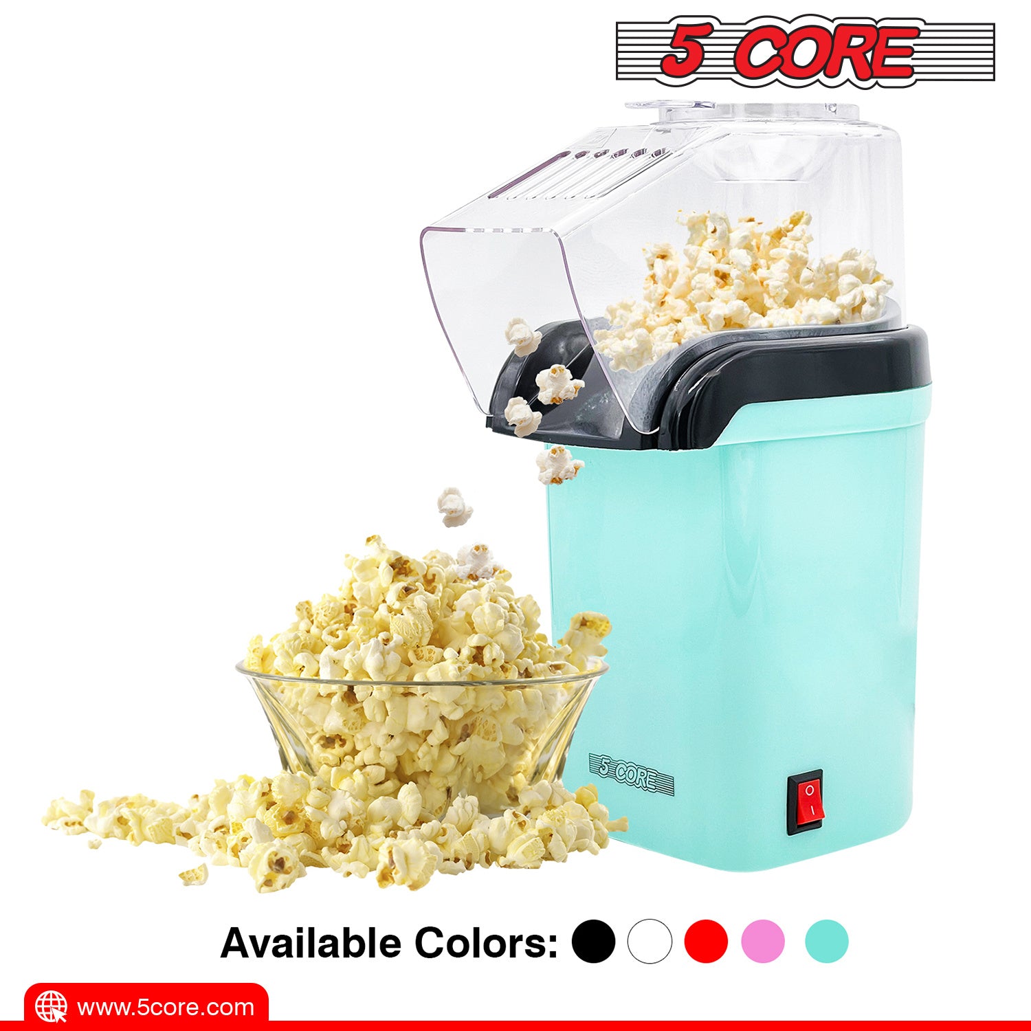 5 Core Hot Air Electric Popcorn Maker in red, showcasing its sleek design and measuring cup that doubles as a butter melting tray.