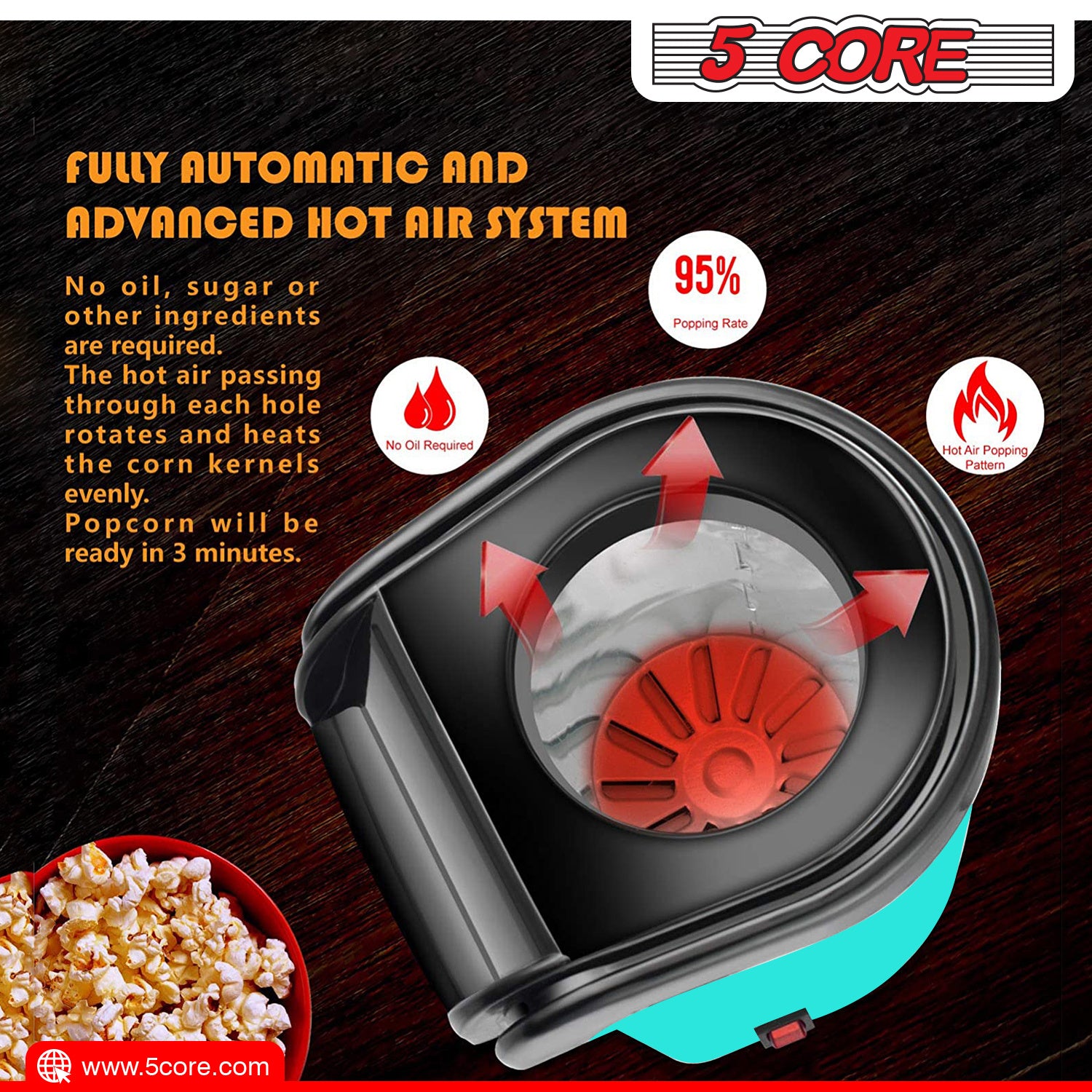 5 Core Hot Air Electric Popcorn Maker in red, showcasing its sleek design and measuring cup that doubles as a butter melting tray.