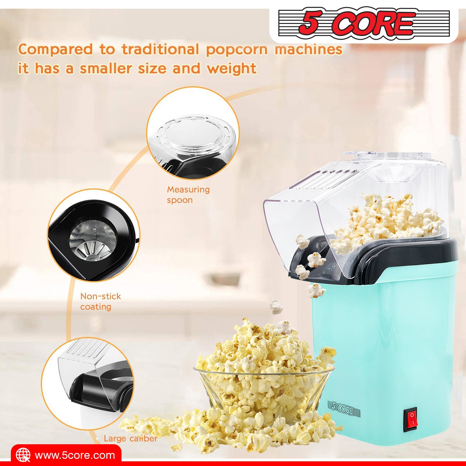 5 Core Hot Air Electric Popcorn Maker in red, showcasing its sleek design and measuring cup that doubles as a butter melting tray.