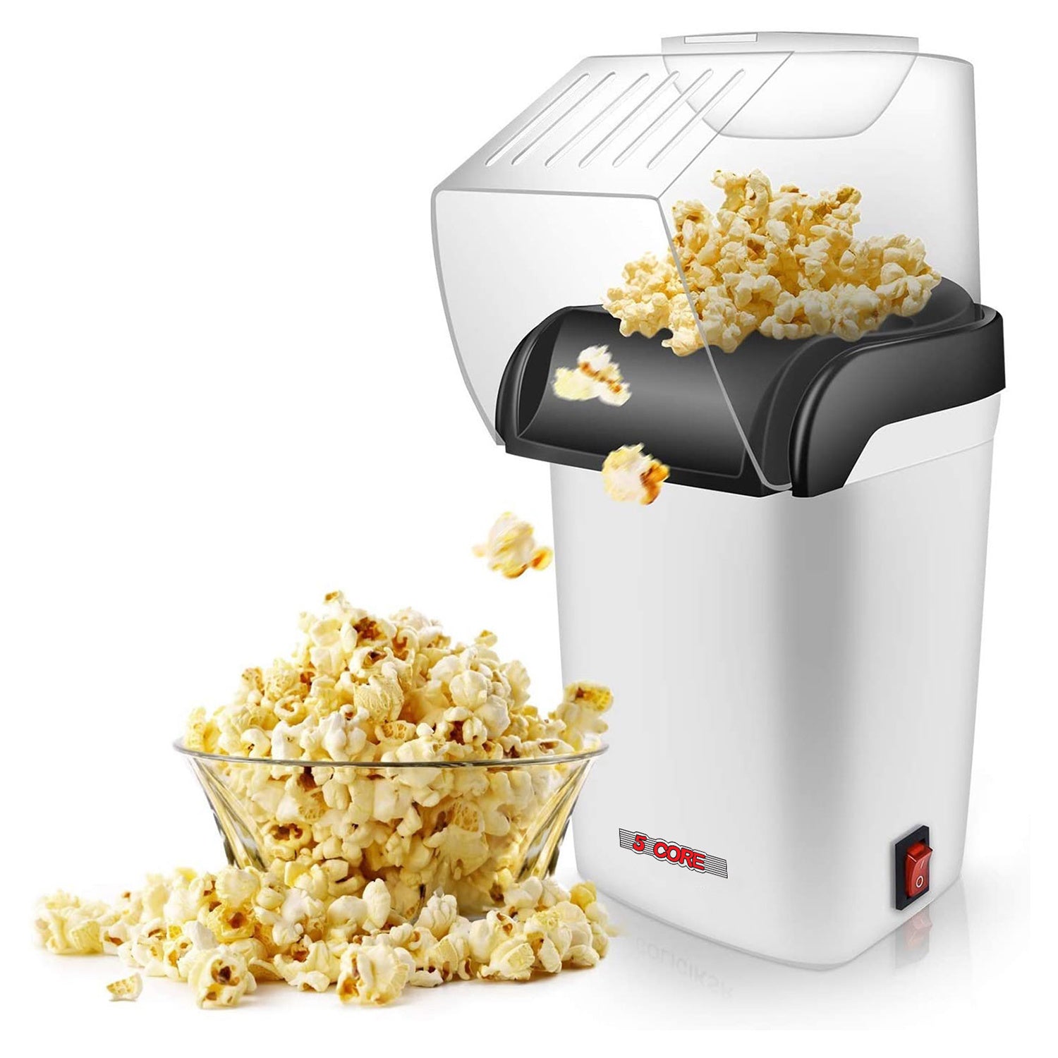 5 Core Hot Air Electric Popcorn Maker in red, showcasing its sleek design and measuring cup that doubles as a butter melting tray.