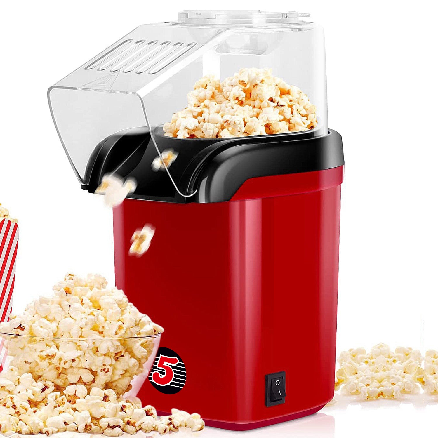 5 Core Hot Air Electric Popcorn Maker in red, showcasing its sleek design and measuring cup that doubles as a butter melting tray.