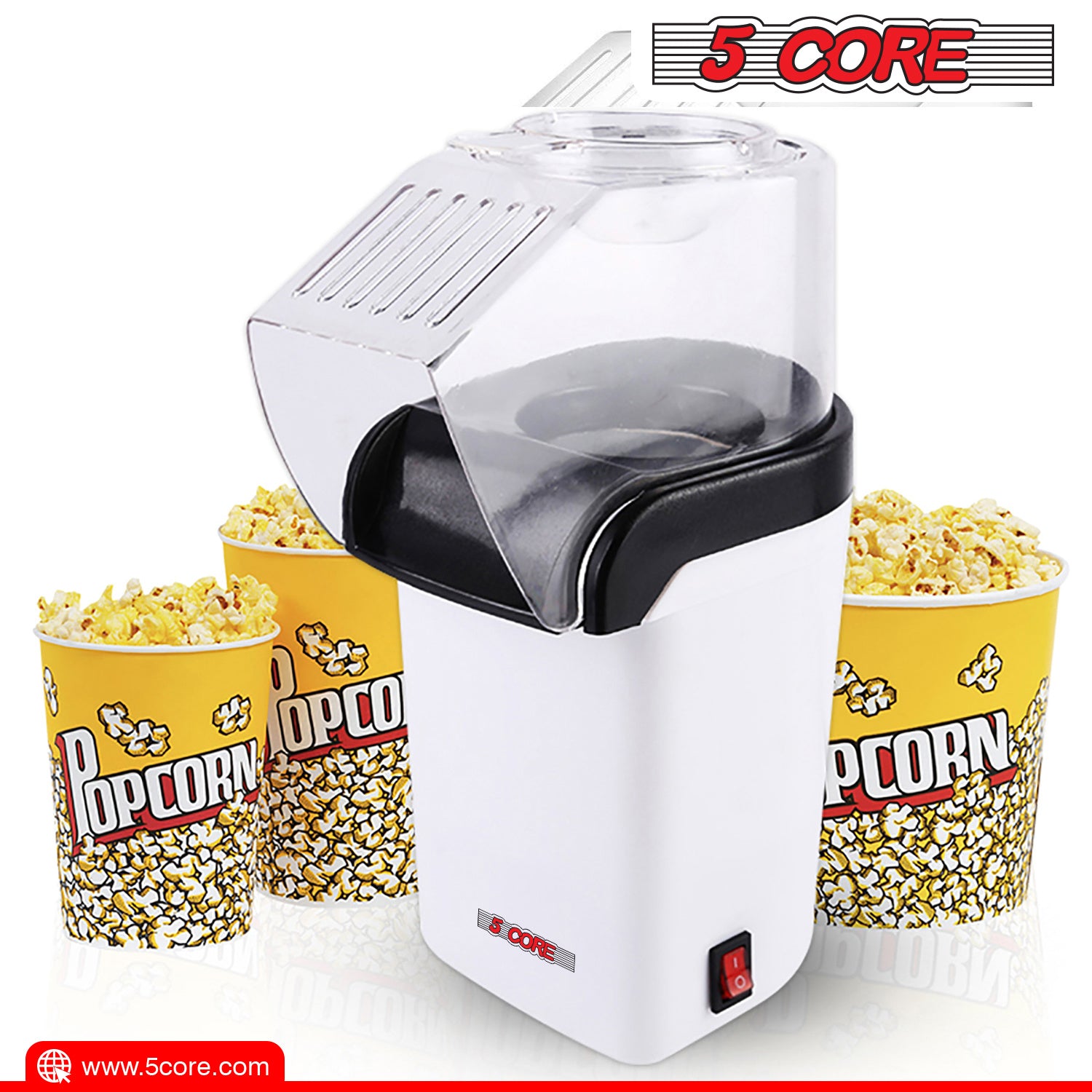 5 Core Hot Air Electric Popcorn Maker in red, showcasing its sleek design and measuring cup that doubles as a butter melting tray.