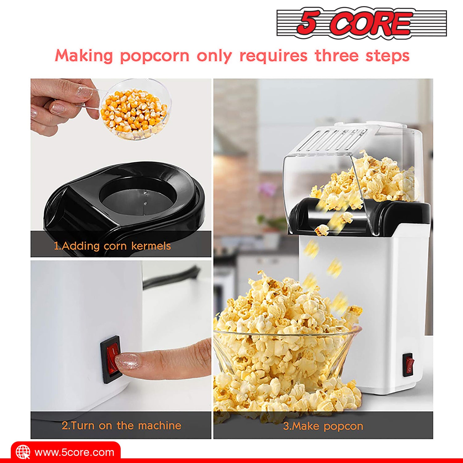 5 Core Hot Air Electric Popcorn Maker in red, showcasing its sleek design and measuring cup that doubles as a butter melting tray.