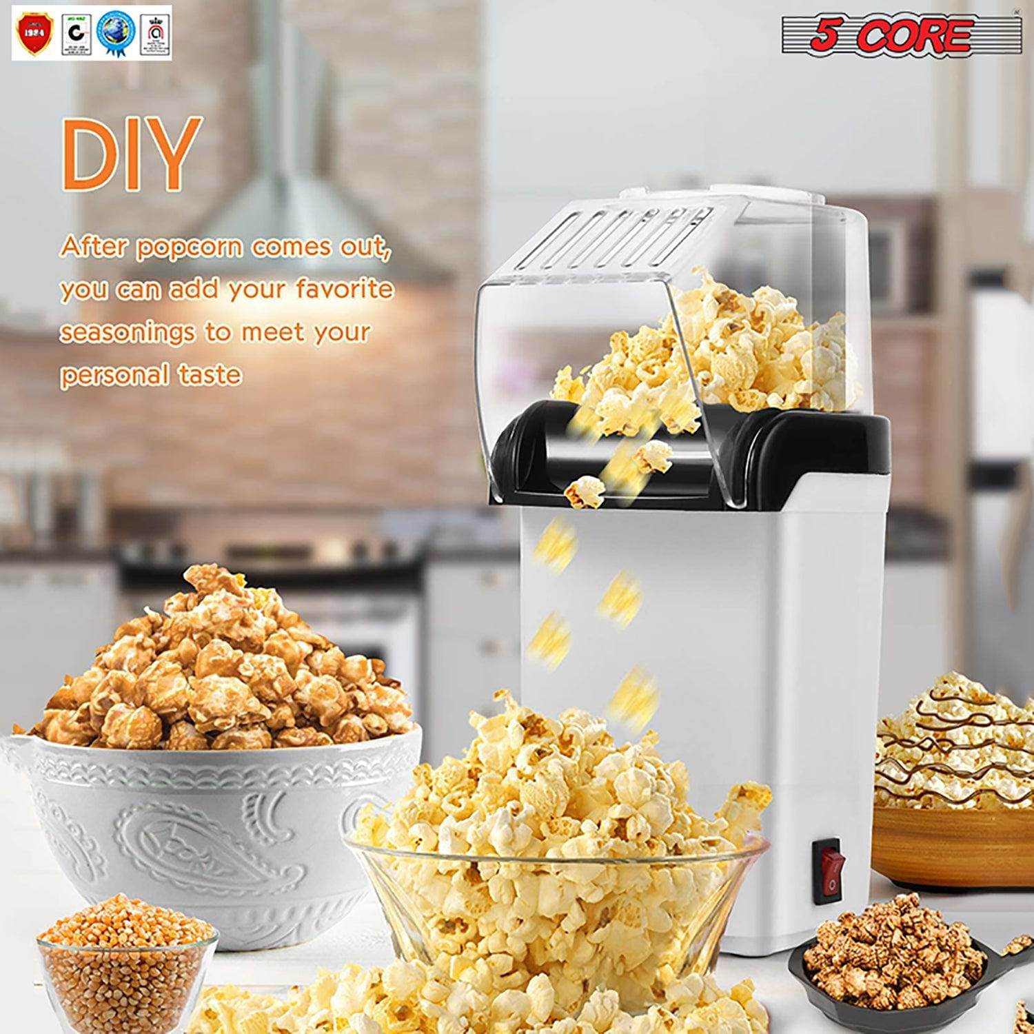 5 Core Hot Air Electric Popcorn Maker in red, showcasing its sleek design and measuring cup that doubles as a butter melting tray.