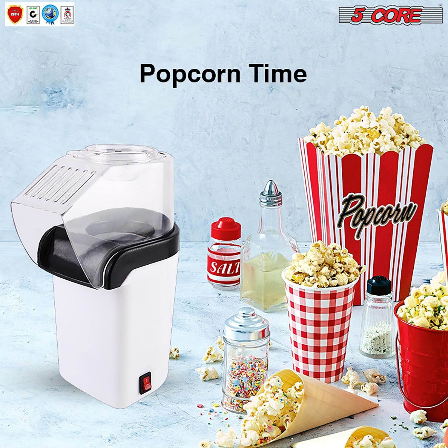 5 Core Hot Air Electric Popcorn Maker in red, showcasing its sleek design and measuring cup that doubles as a butter melting tray.