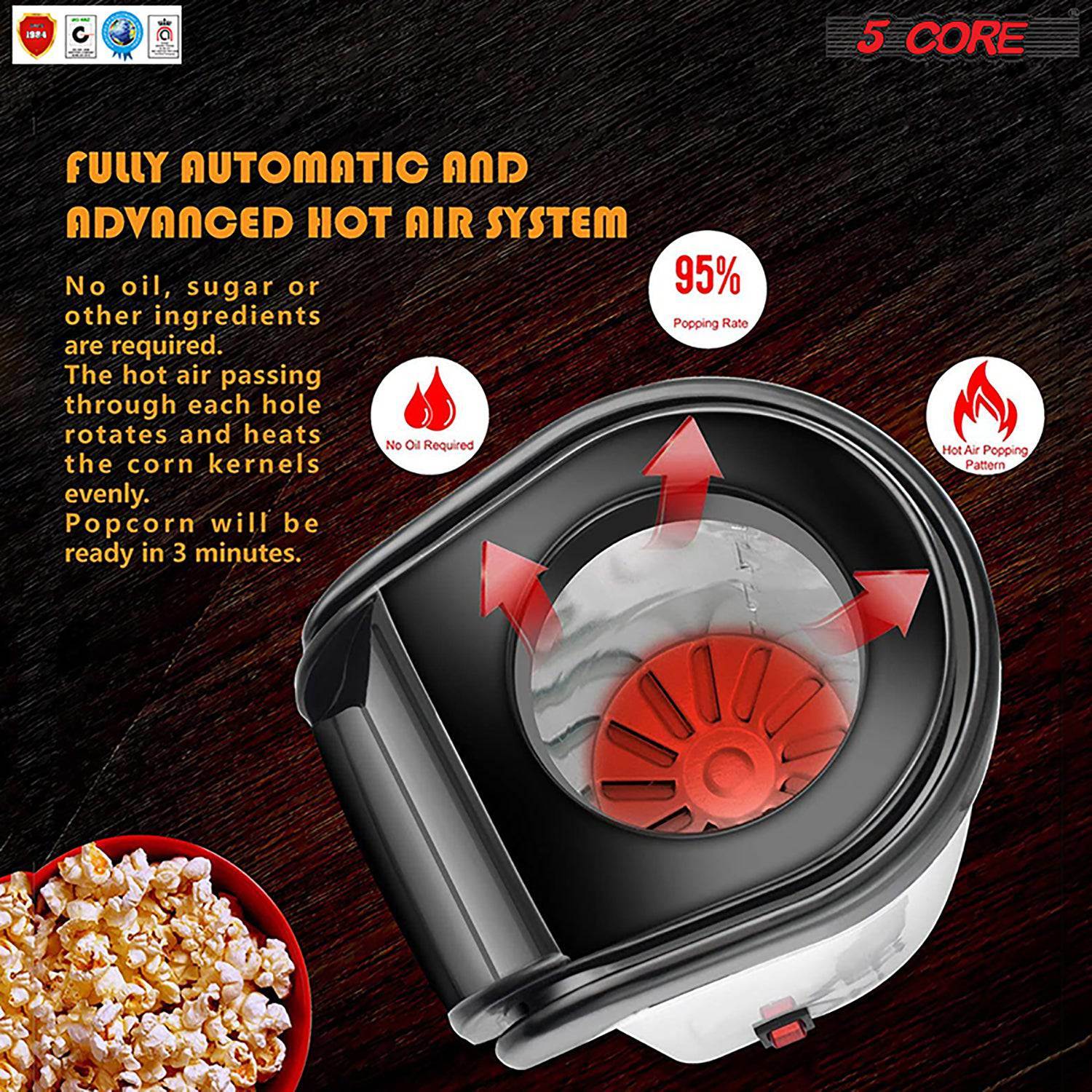 5 Core Hot Air Electric Popcorn Maker in red, showcasing its sleek design and measuring cup that doubles as a butter melting tray.