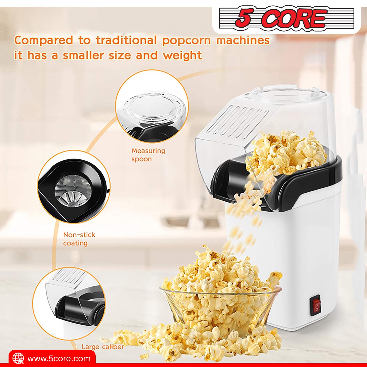 5 Core Hot Air Electric Popcorn Maker in red, showcasing its sleek design and measuring cup that doubles as a butter melting tray.