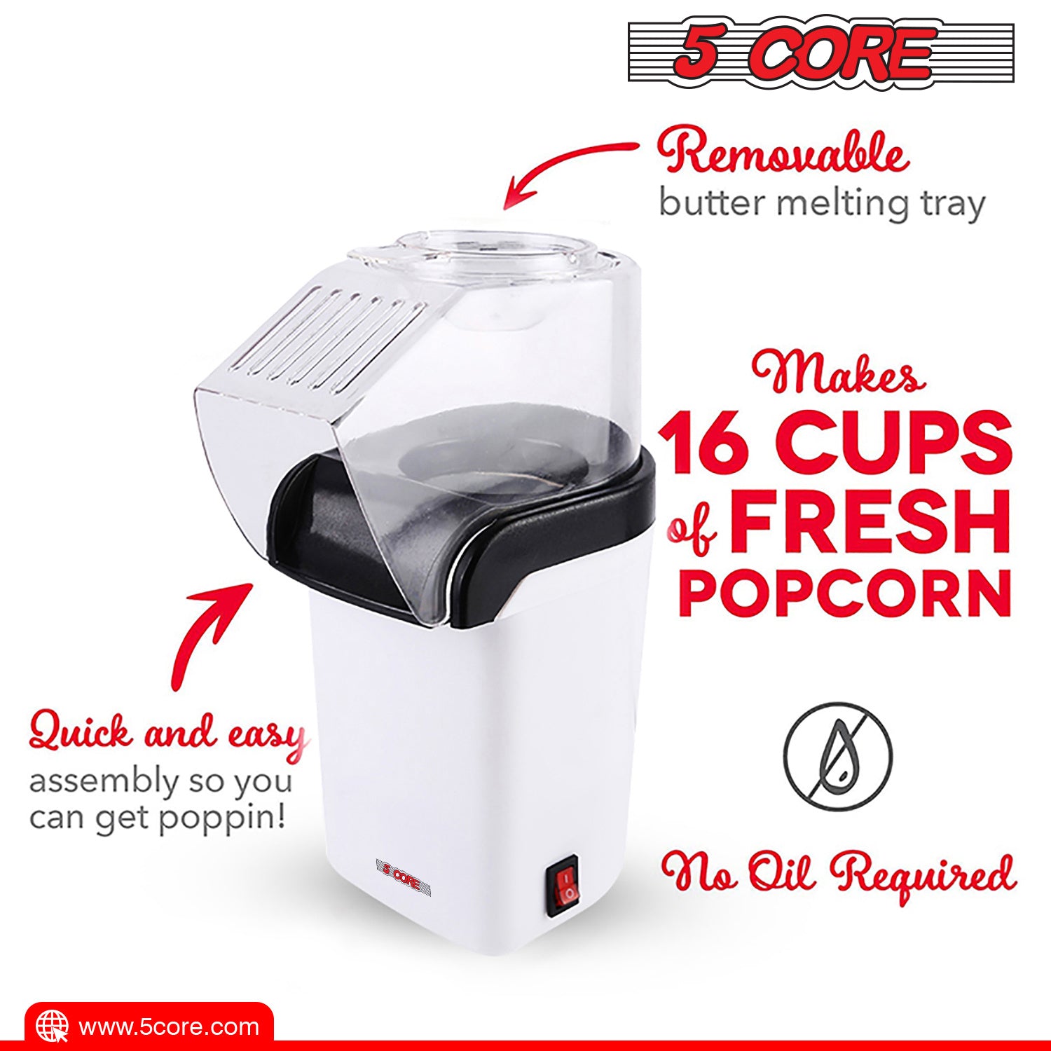 5 Core Hot Air Electric Popcorn Maker in red, showcasing its sleek design and measuring cup that doubles as a butter melting tray.