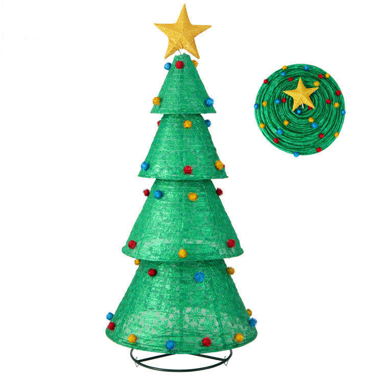 A beautifully decorated 6.5 ft Pop-Up Christmas Tree with 200 warm white LED lights, featuring snowflake patterns and colorful nylon balls, set against a festive backdrop.