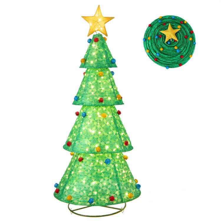 A beautifully decorated 6.5 ft Pop-Up Christmas Tree with 200 warm white LED lights, featuring snowflake patterns and colorful nylon balls, set against a festive backdrop.