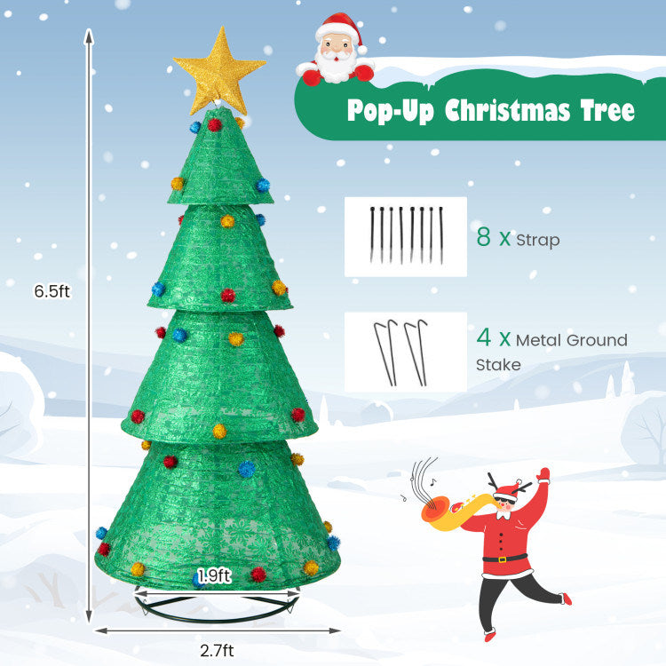 A beautifully decorated 6.5 ft Pop-Up Christmas Tree with 200 warm white LED lights, featuring snowflake patterns and colorful nylon balls, set against a festive backdrop.