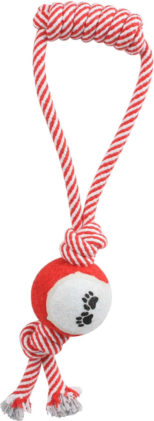 A vibrant red 'Pull Away' Rope and Tennis Ball made from eco-friendly jute and chewable rubber, perfect for pet playtime.