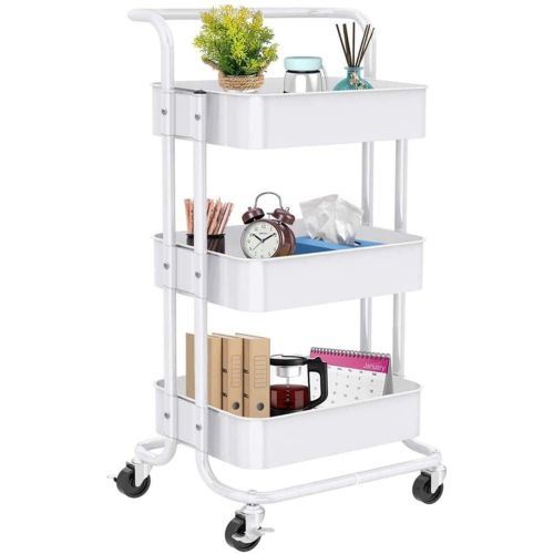 Rolling cart with wheels featuring three deep baskets for versatile storage, ideal for home or office use.