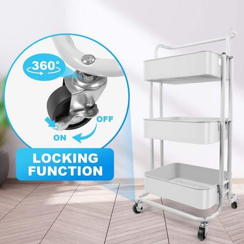 Rolling cart with wheels featuring three deep baskets for versatile storage, ideal for home or office use.