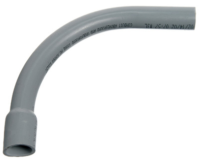 Grey 90-degree PVC conduit elbow.