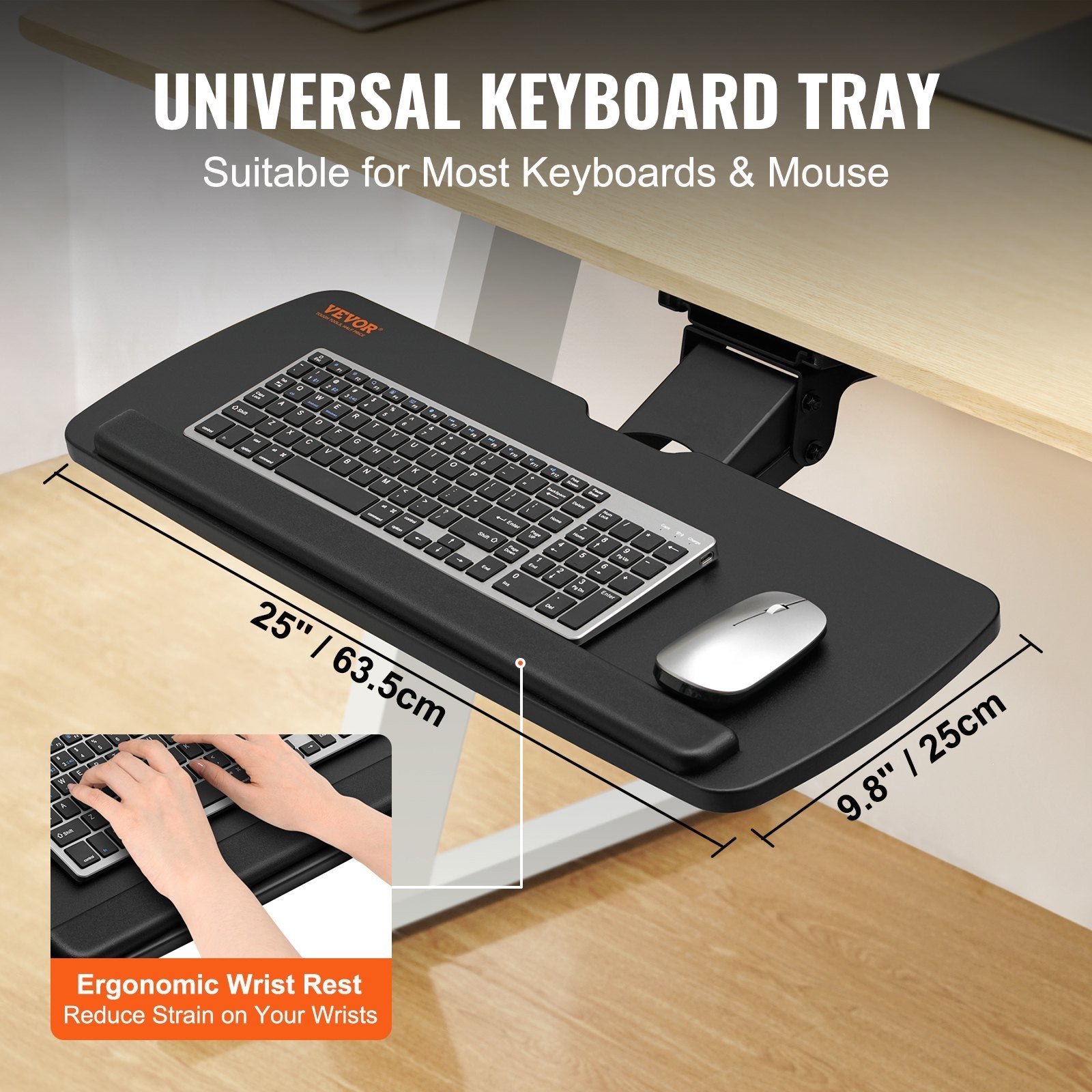 VEVOR Keyboard Tray Under Desk, showcasing adjustable height and angle features for ergonomic typing.