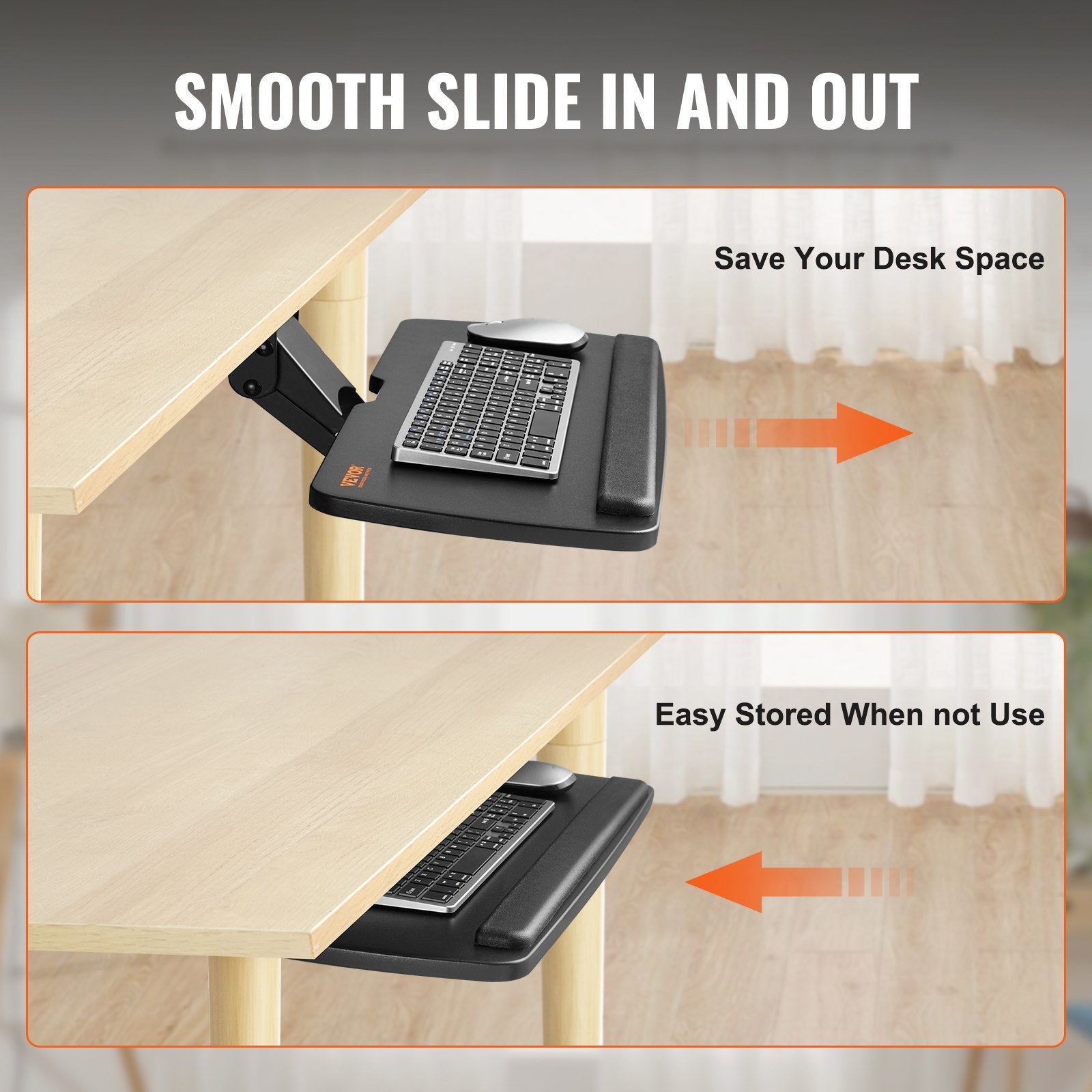 VEVOR Keyboard Tray Under Desk, showcasing adjustable height and angle features for ergonomic typing.