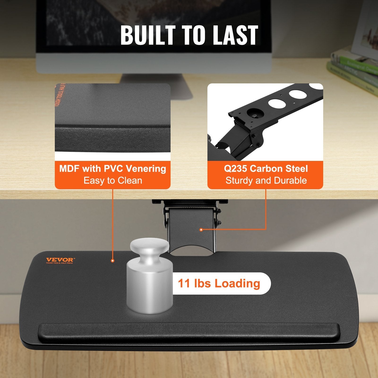 VEVOR Keyboard Tray Under Desk, showcasing adjustable height and angle features for ergonomic typing.