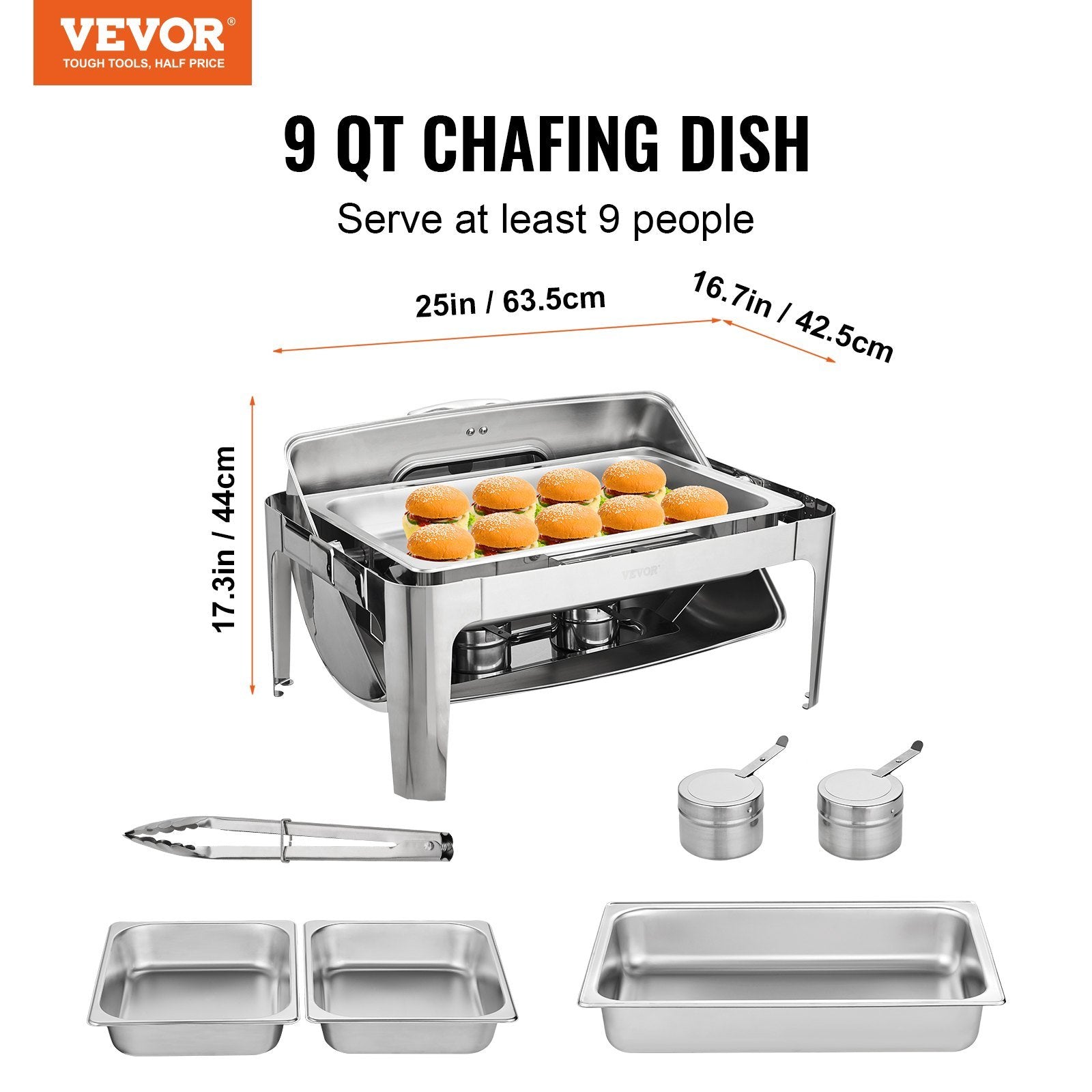 VEVOR Rectangle Roll Top Chafing Dish with 9Qt Pan featuring a visual glass lid and stainless steel finish, ideal for buffets and catering.