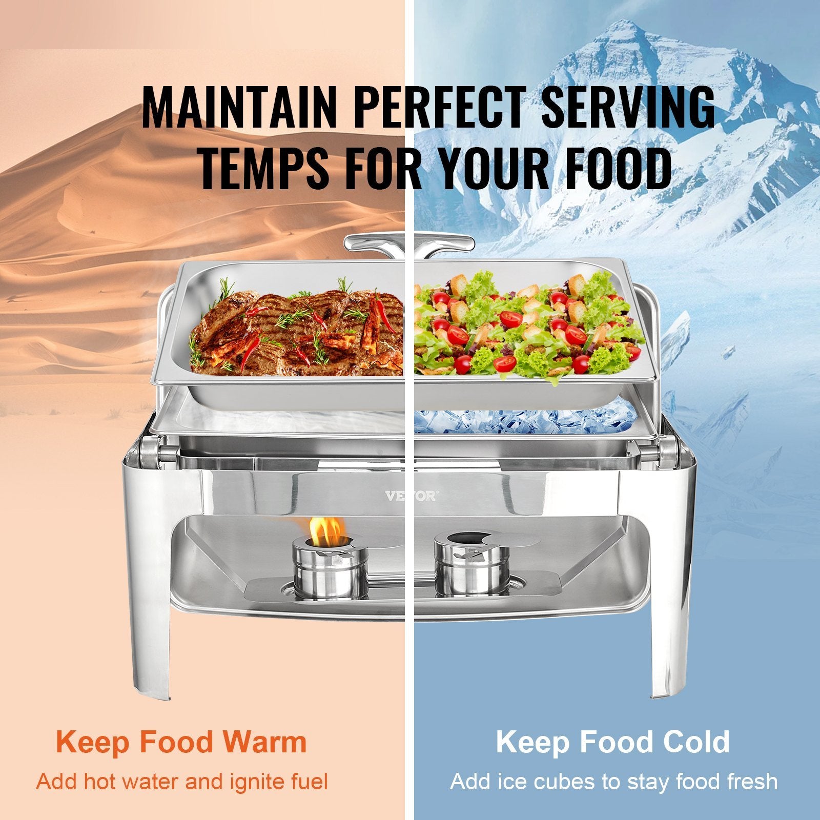 VEVOR Rectangle Roll Top Chafing Dish with 9Qt Pan featuring a visual glass lid and stainless steel finish, ideal for buffets and catering.