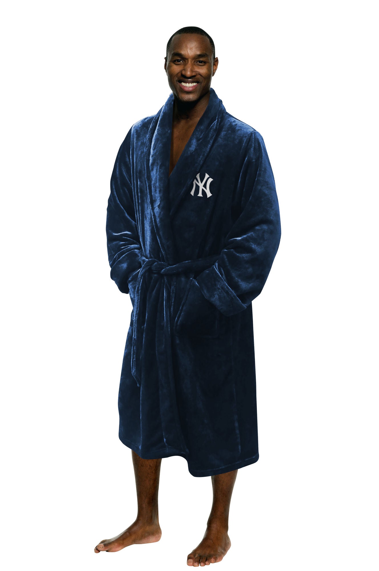 Yankees OFFICIAL MLB Men's Silk Touch Bath Robe in L/XL size, featuring embroidered logo and two front pockets.