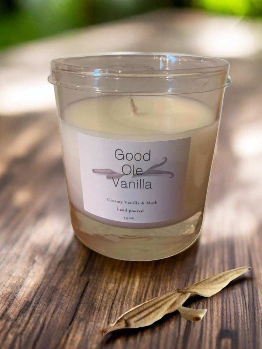 11 oz Good Ole Vanilla Soy Blend Candle in a clear glass jar, showcasing its warm vanilla color and inviting design.