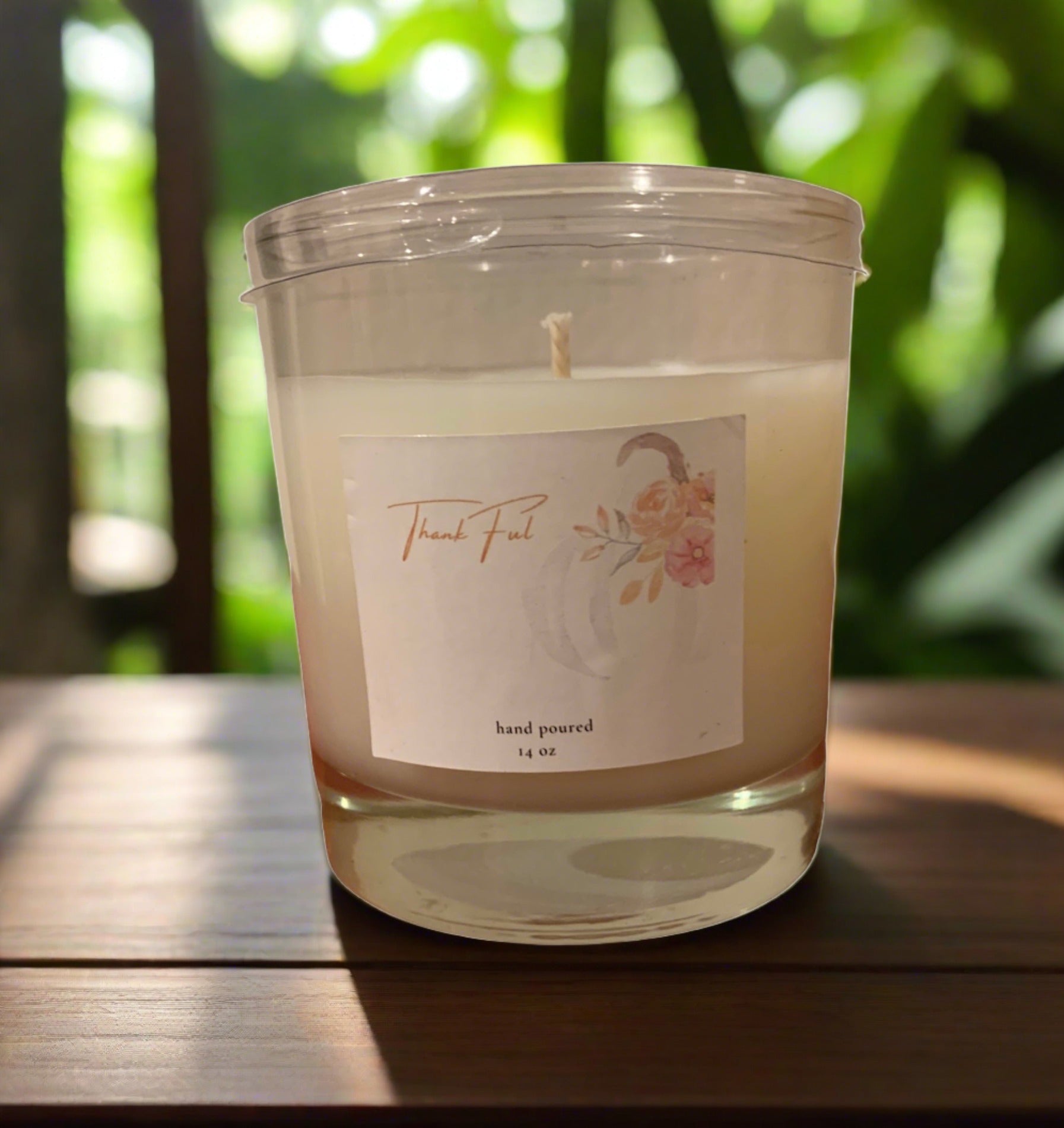 A beautifully crafted 11 oz Thankful Soy Blend Candle with a warm glow, showcasing its elegant design and eco-friendly soy blend.