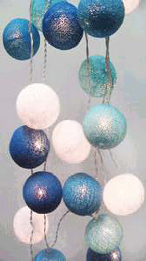 A set of 20 blue LED cotton ball string lights, showcasing vibrant blue colors and soft glowing bulbs, perfect for decoration.