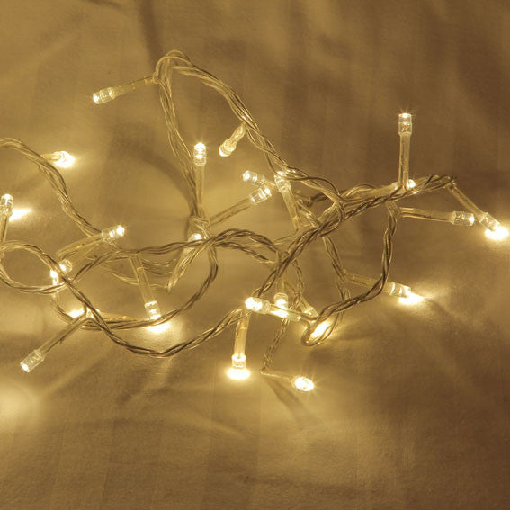 A set of 20 warm white LED bulb string lights on a wire, ideal for indoor and outdoor decoration.