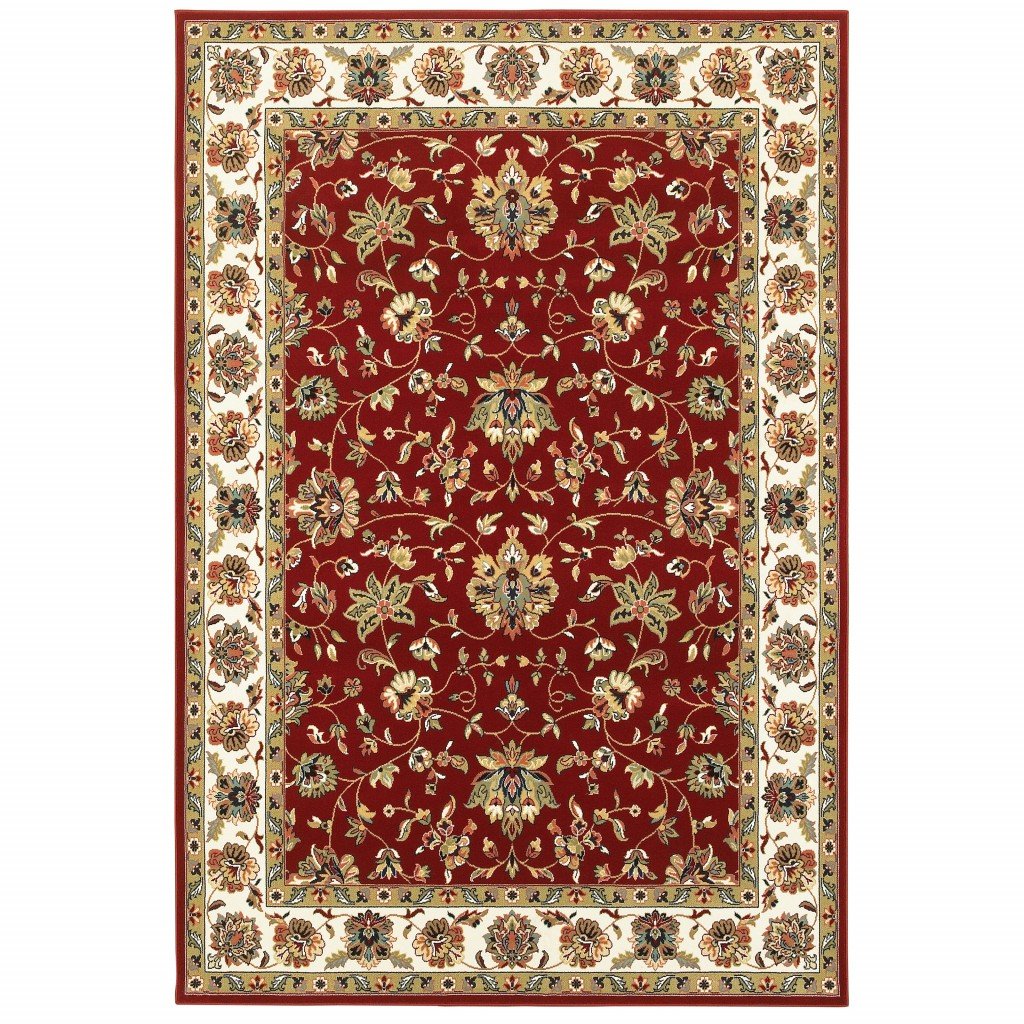 1' x 3' Red Ivory Machine Woven Floral Oriental Indoor Area Rug featuring intricate floral designs on a cherry red background.