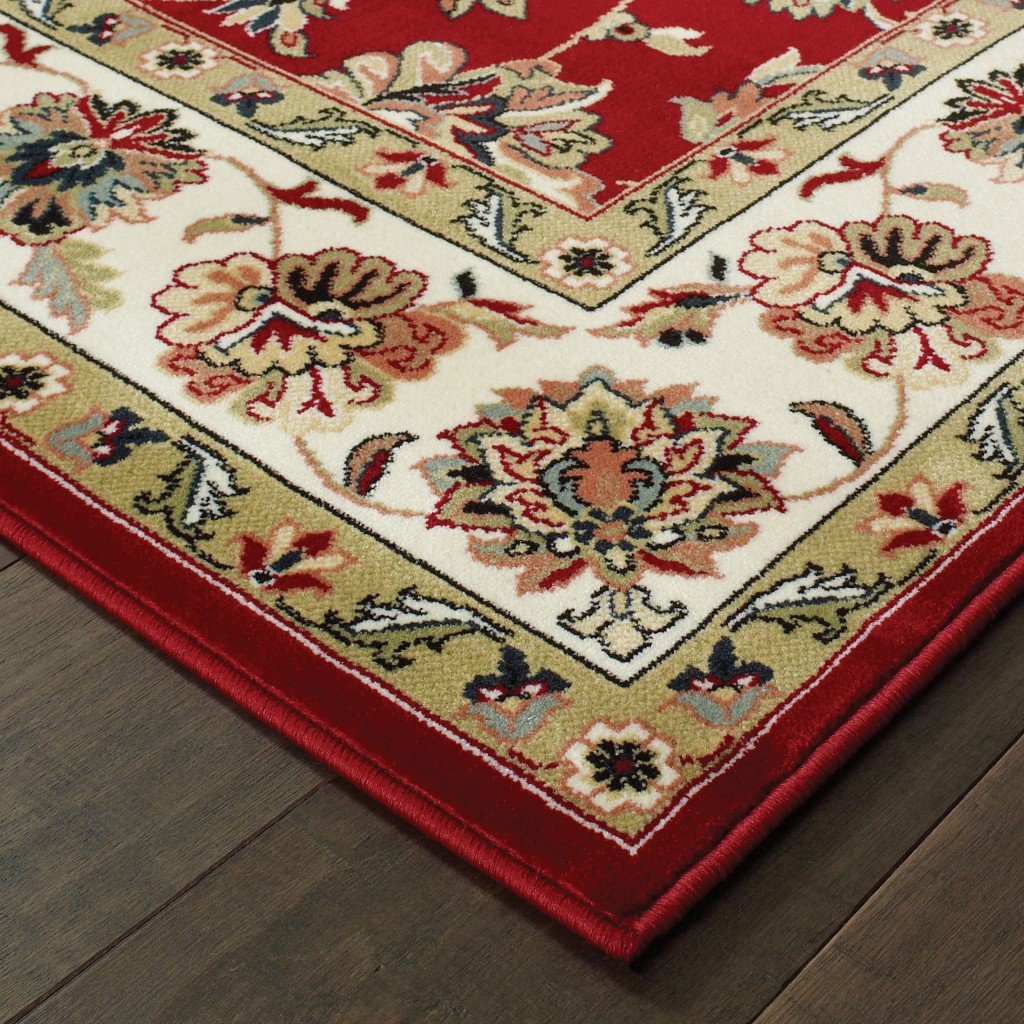 1' x 3' Red Ivory Machine Woven Floral Oriental Indoor Area Rug featuring intricate floral designs on a cherry red background.