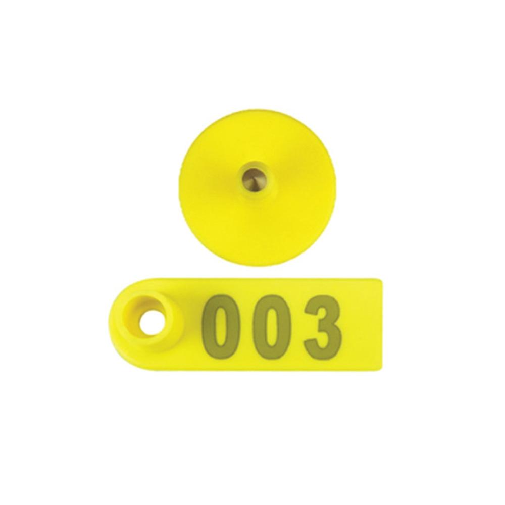 A set of yellow numbered cattle ear tags, sized 5x2cm, designed for easy identification of livestock such as pigs and sheep.