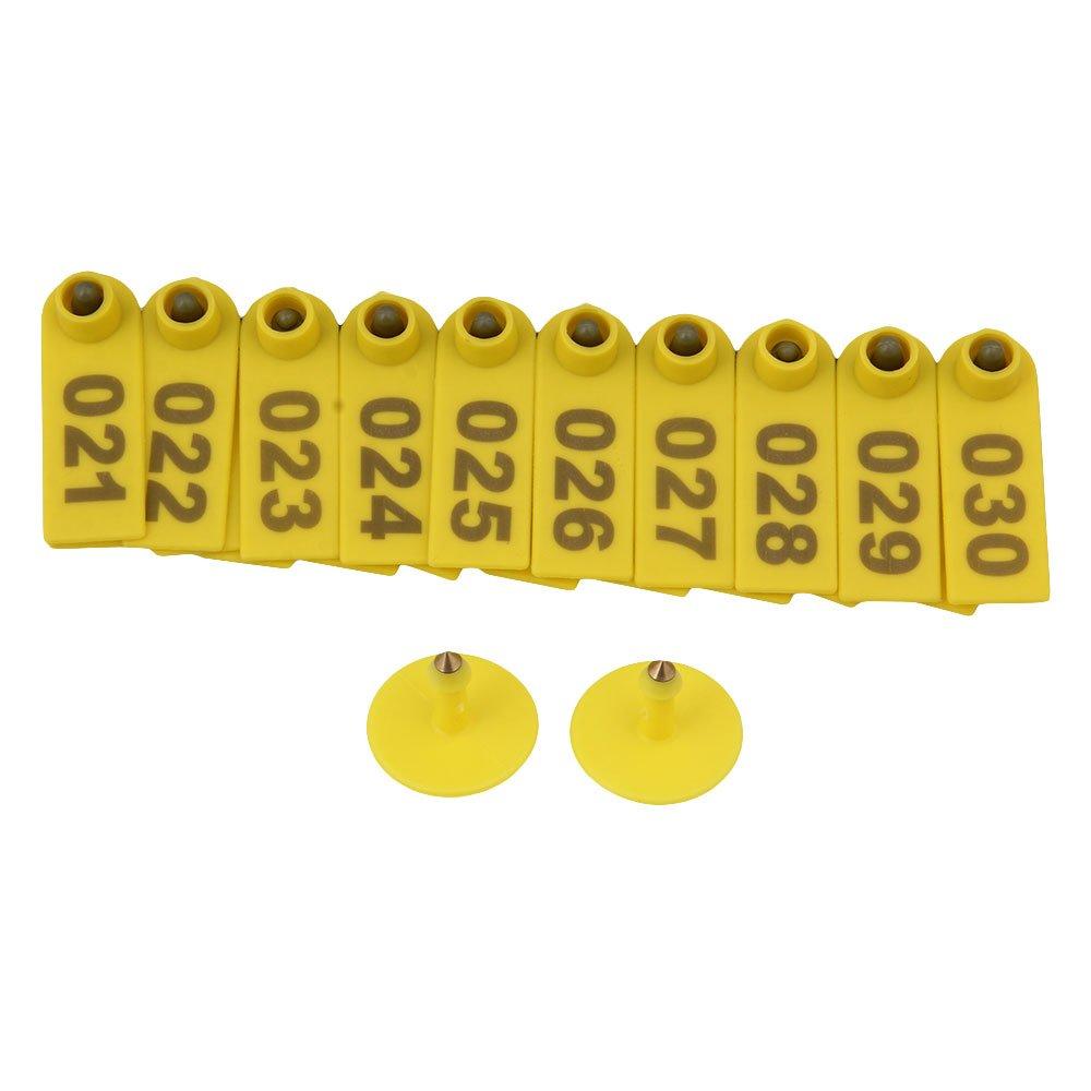 A set of yellow numbered cattle ear tags, sized 5x2cm, designed for easy identification of livestock such as pigs and sheep.