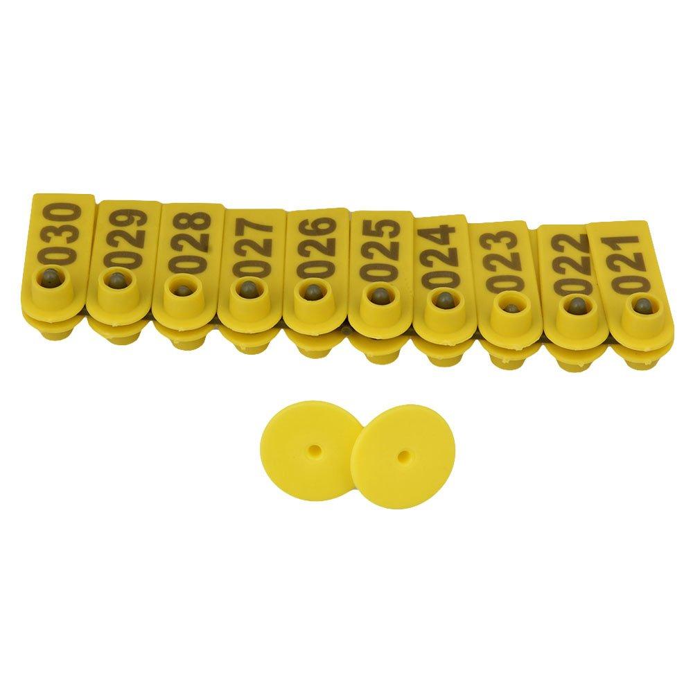 A set of yellow numbered cattle ear tags, sized 5x2cm, designed for easy identification of livestock such as pigs and sheep.