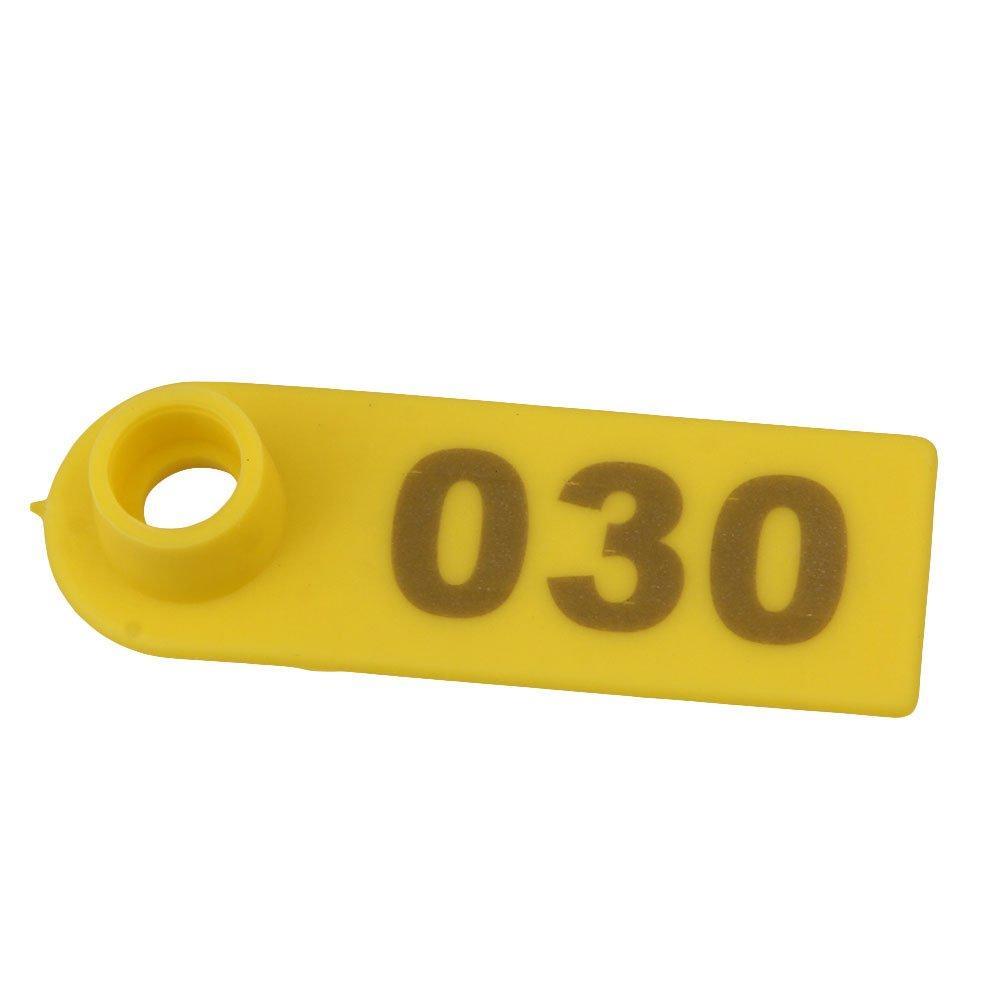 A set of yellow numbered cattle ear tags, sized 5x2cm, designed for easy identification of livestock such as pigs and sheep.