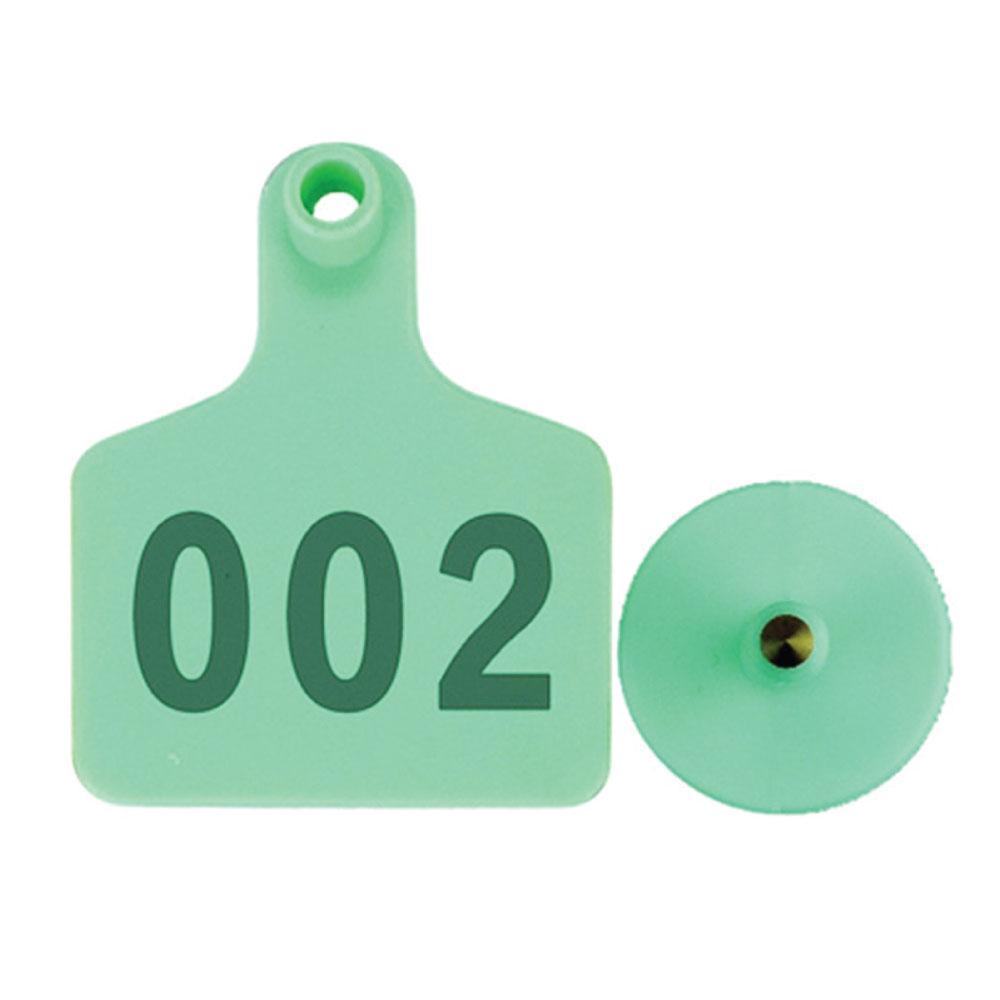 A set of medium green cattle ear tags numbered from 001 to 100, designed for easy identification of livestock.